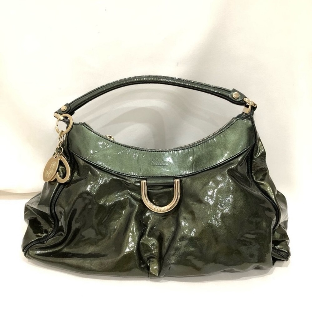 Gucci Green Patent Hobo Bag with Gold Hardware and Key Ring Charm